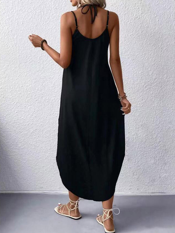 Loose Color Spaghetti-neck Maxi Dresses