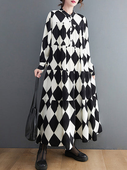 A-line Long Sleeves Buttoned Plaid Polo Midi Dresses