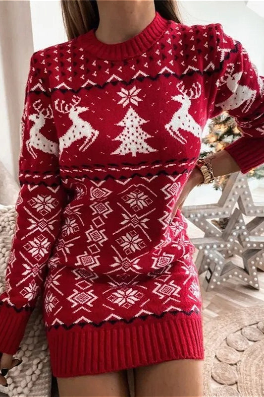 Knit Christmas Reindeer Color Block Fitted Mini Dresses
