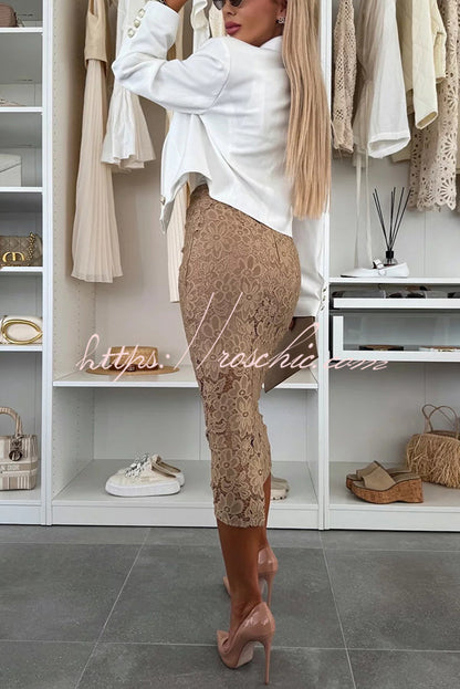 Lesia Lace High Rise Slit Stretch Midi Skirt