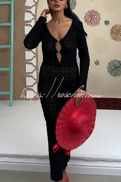 V-neck Long-sleeved Hollow Slim Maxi Dress