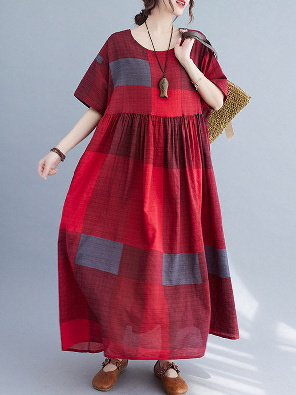 Artistic Retro Loose Color-block Pleated Round-neck Half Sleeves Midi Dress