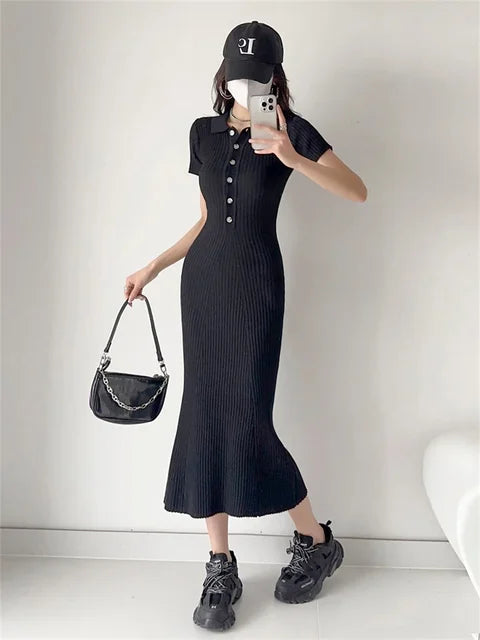 Ribbed High Waist Slim Maxi Dress for Knitwear Lapel Party Dress Gown Short Sleeve Knit Dress