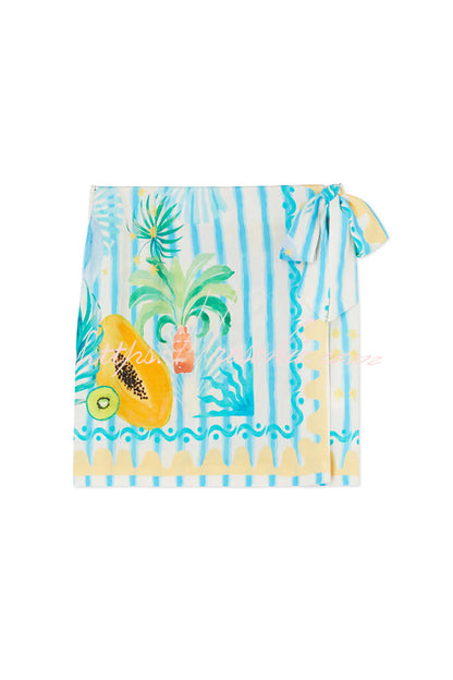 See You in Rio Tropical Fruits Print Wrap Tie-up Mini Skirt