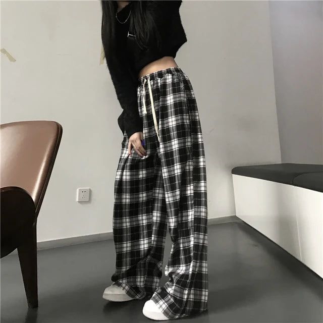 Oversize Sweatpants Black Plaid Pants Baggy Elastic Waist Pockets Student Hip Hop Loose Trousers