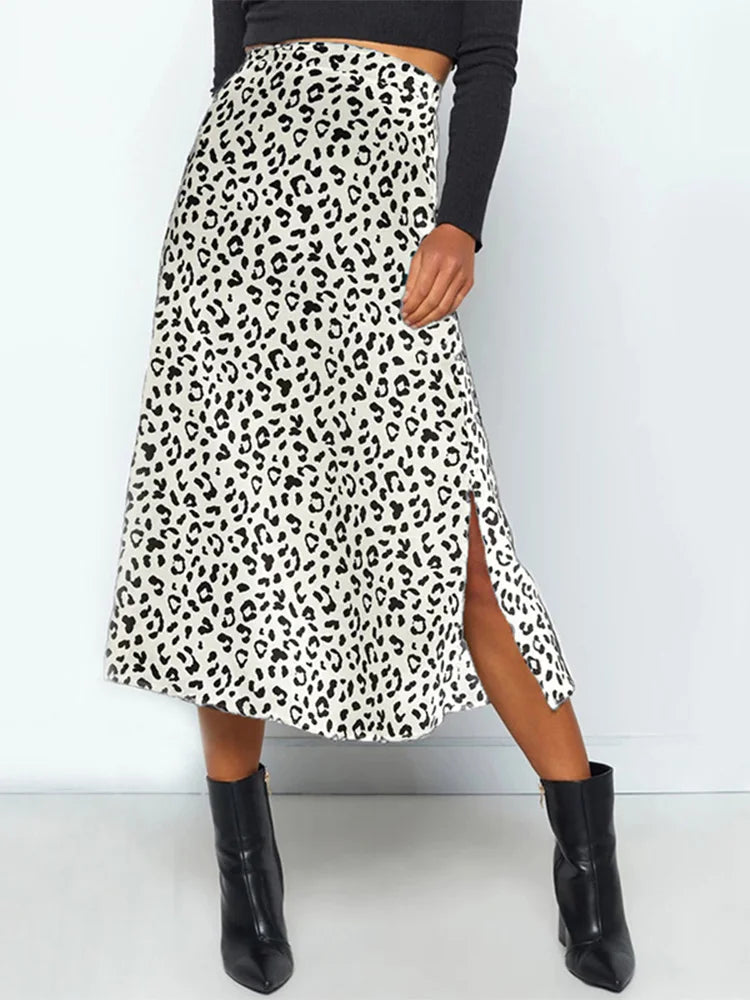 New Leopard Print Chiffon Split Skirt Long Skirts for Spring Summer Zip Female Skirt