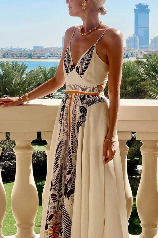 Classic Unique Printed Iinen V-neck Bow Tie Waist Maxi Dress