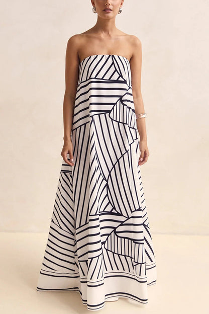 Unique Print Tube Top Back Zipper Loose Maxi Dress