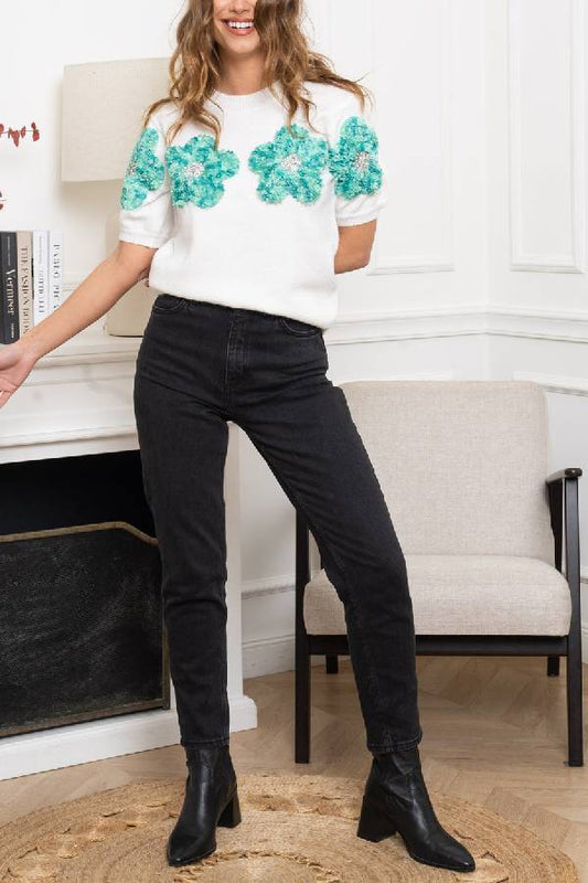 Crewneck Short Sleeves 3d Flower Sweater Top
