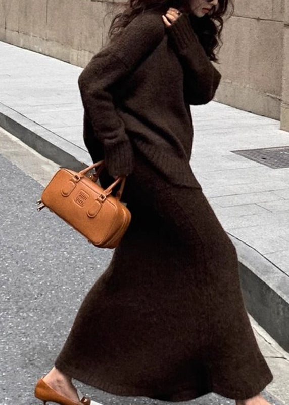 Brown Cozy Cotton Knit Sweaters and Maxi Skirts Two Pieces Set Winter Wv029