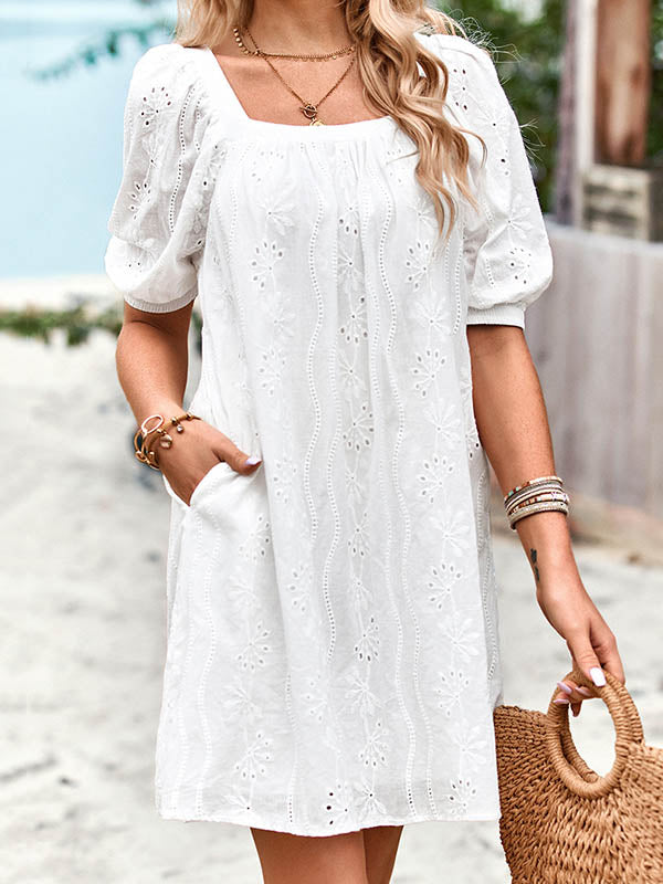 Loose Puff Sleeves Jacquard Color Square-neck Mini Dresses