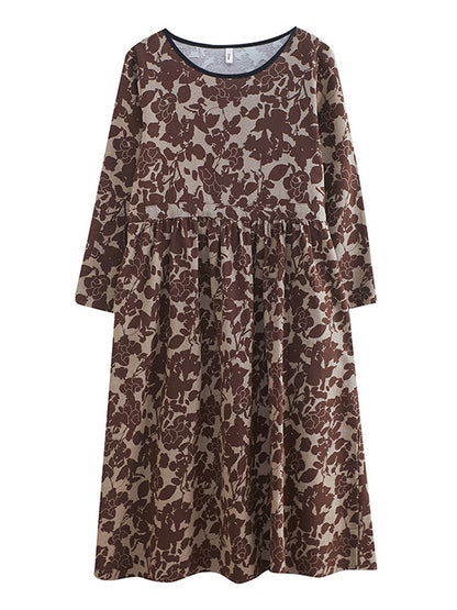 Artistic Retro Ramie Cotton Printed Pleated Round-neck Long Sleeves Midi Dress