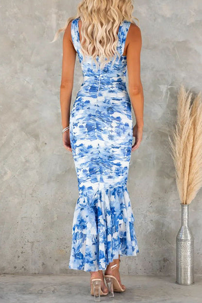 Styled to Perfection Ruched Mesh Overlay Ruffle Hem Maxi Dress