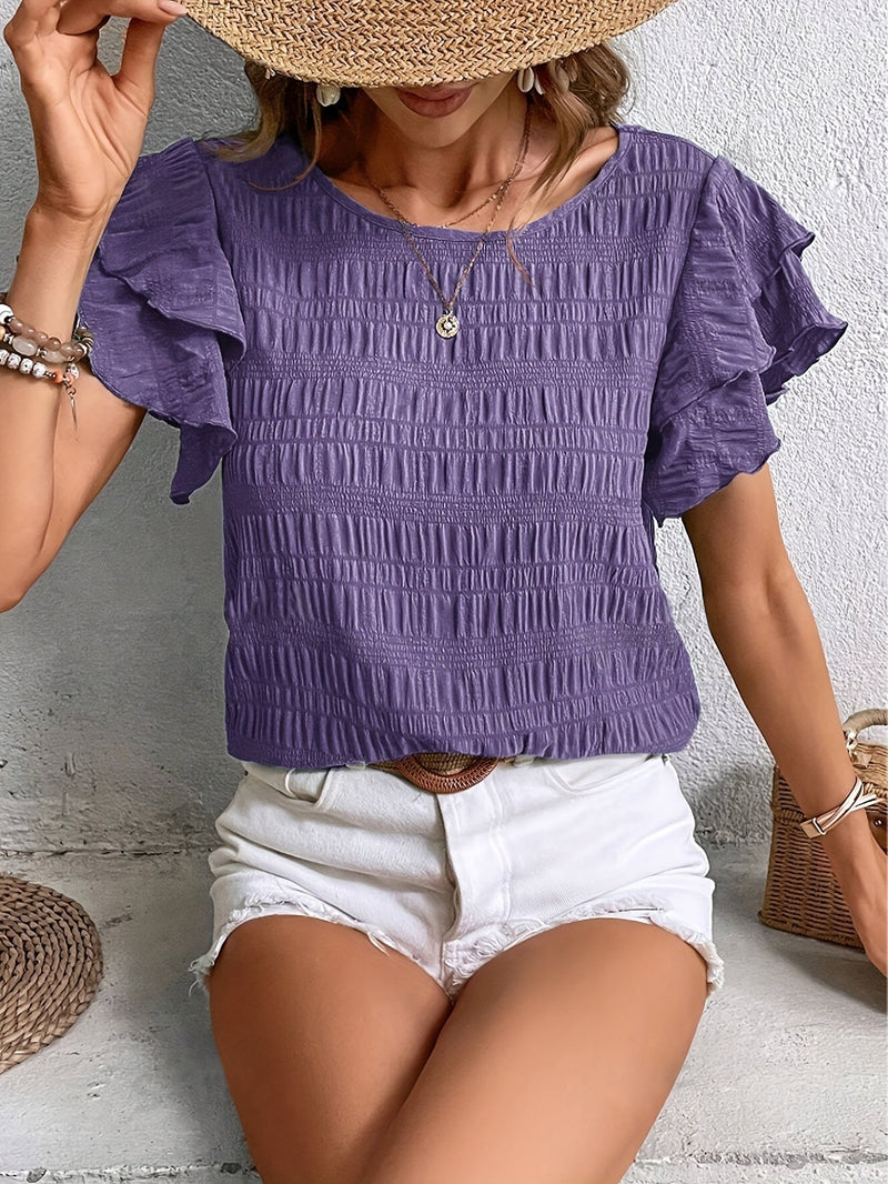 All-season Crew Neck Blouse With Timeless Ruffle