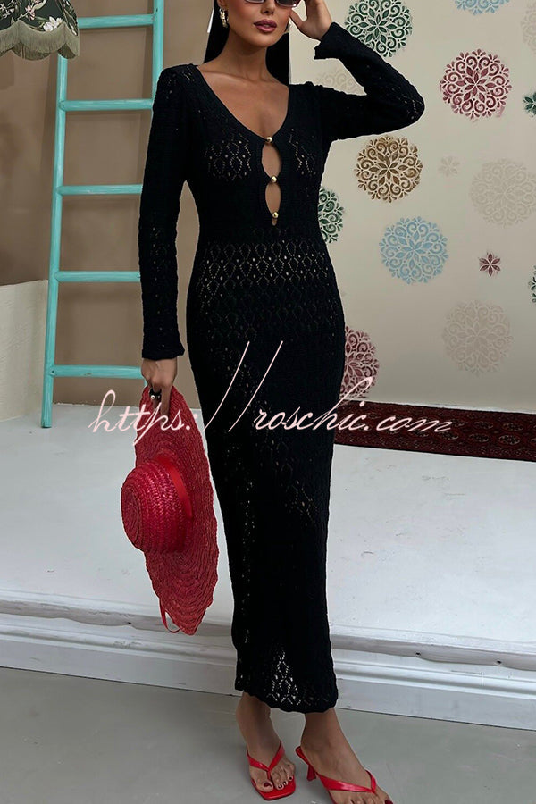 V-neck Long-sleeved Hollow Slim Maxi Dress