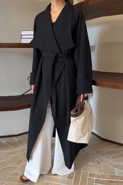 Korean Hepburn Lazy- Belted Waist-tie Long Overcoat
