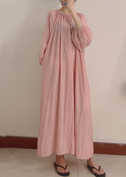 Pink Wrinkled Pockets Maxi Dress Long Sleeve Tt1044