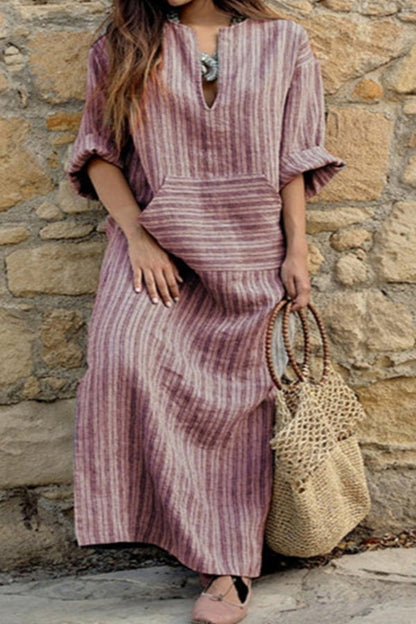 Cotton and Linen Yarn-dyed Striped Loose Long Dress