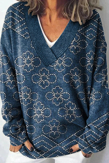 Unique Printed V-neck Long Sleeve Loose Sweater