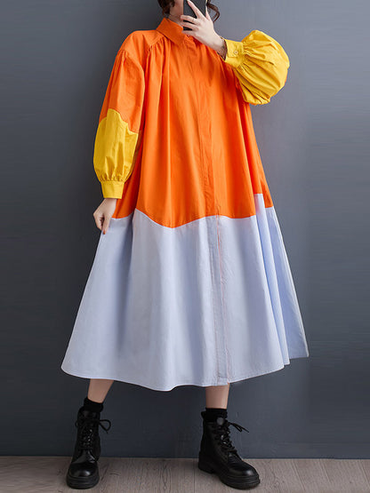 Loose Puff Sleeves Contrast Color Pleated Split-joint Lapel Midi Dresses Shirt Dress