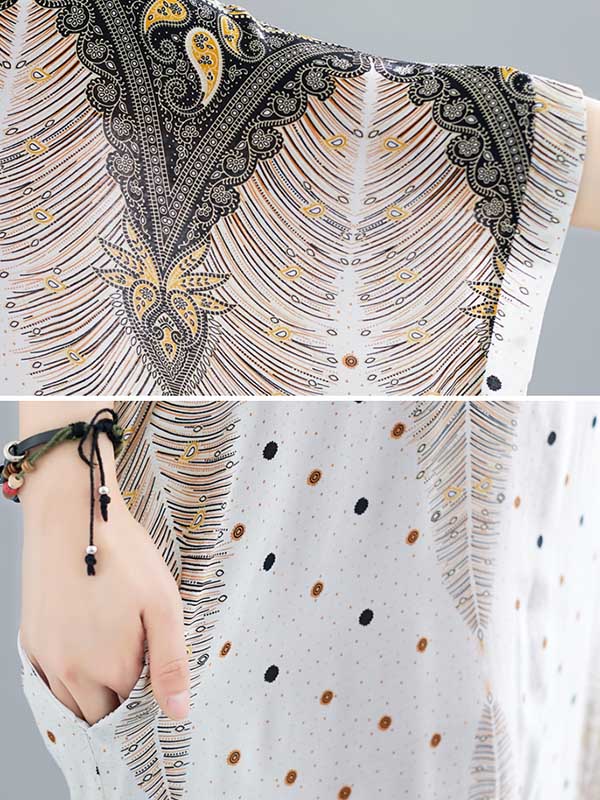 Printed V-neck Batwing Sleeve Maxi Dress