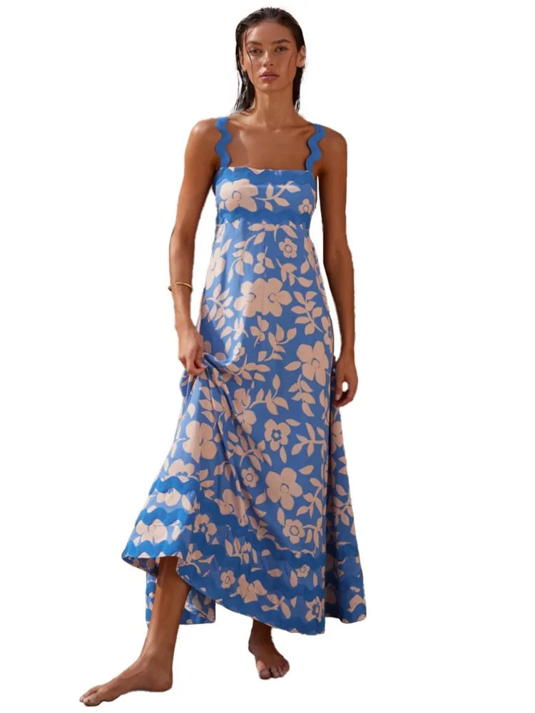 Summer Printed A-line Long Dress Backless Holiday Beach Spaghetti Strap Dresses for Maxi Vestidos Para Mujer
