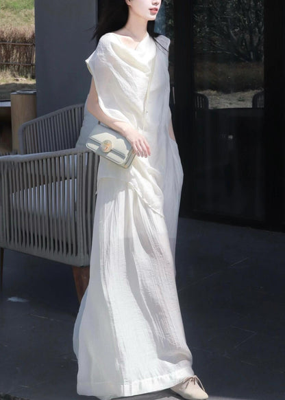 New White Asymmetrical Shirts and Wide Leg Pants Cotton Two Pieces Set Summer Ee020