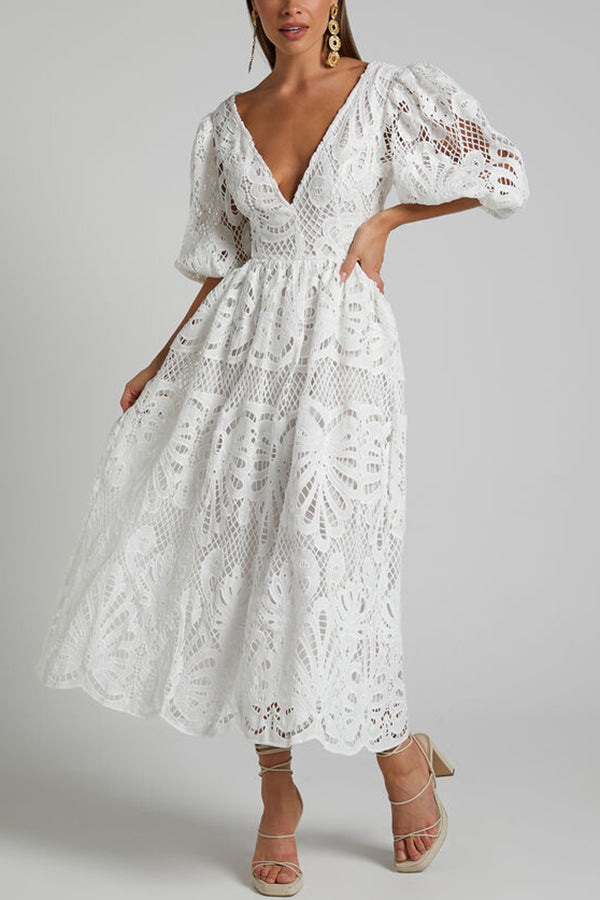 Color V Neck Hollow Lace Waistless Maxi Dress