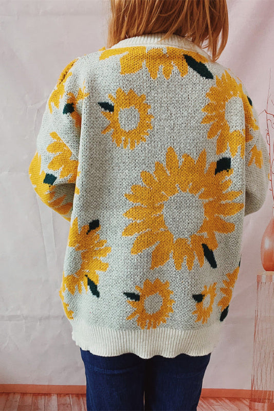 Sunflower Jacquard Crewneck Long Sleeve Knit Pullover Sweater