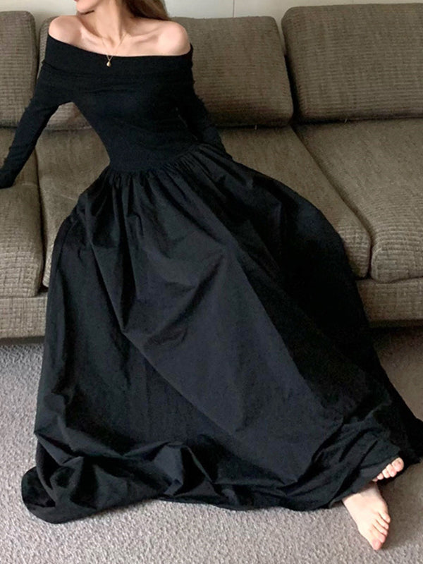 Long Sleeves Pleated Color Split-joint Off-the-shoulder Maxi Dresses