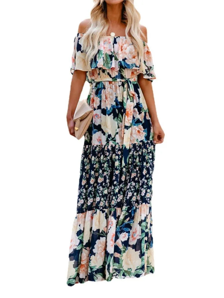 Flower Print Off Shoulder Long Dresses for Spring Summer New Temperament High Waist Leace-up Dress Female Vestidos