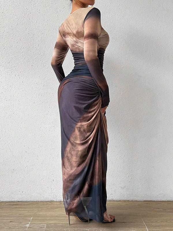 Bodycon Long Sleeves Gauze Gradient Pleated Printed See-through Round-neck Maxi Dresses