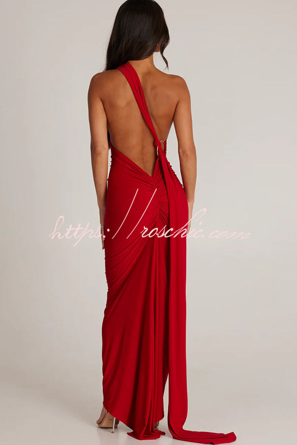 Backless Pleated Slim Color Sleeveless Maxi Dress