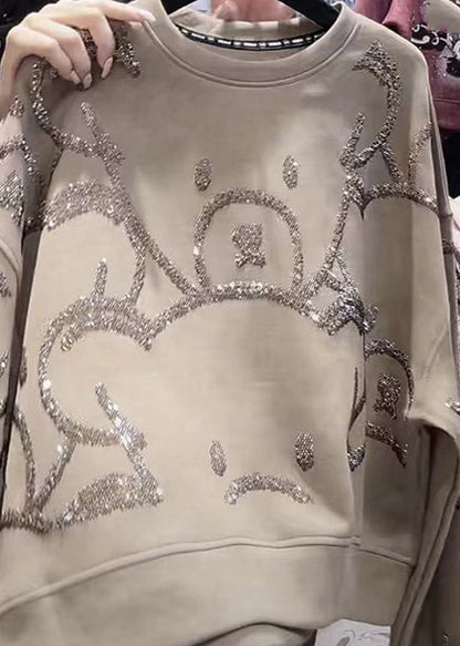 Grey O-neck Sequins Sweatshirt Fall Wd035
