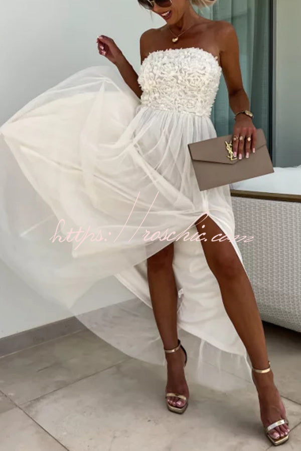 Romance and Lightness Tulle Texture Pleated Patchwork Strapless Slit Maxi Dress