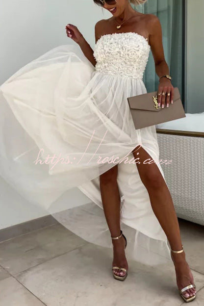 Romance and Lightness Tulle Texture Pleated Patchwork Strapless Slit Maxi Dress