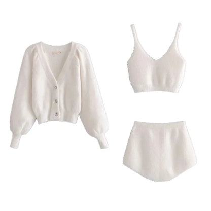 Two Piece Sets Outfits White Plush Mohair Drill Button Cardigan Coats With Bra Tops and Mini Shorts Matching Sets