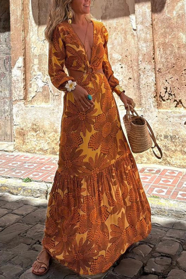Sunflower Print Ring Cutout Waist Long Sleeve Maxi Dress