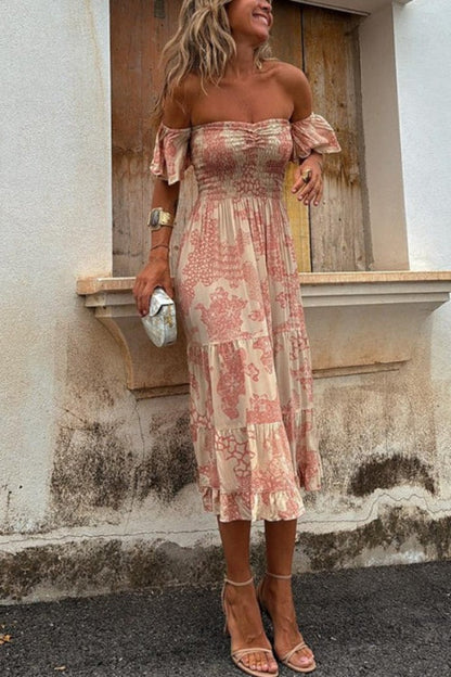 Pitaya Unique Print Off Shoulder Smocked Ruffle Sleeve Layered Midi Dress