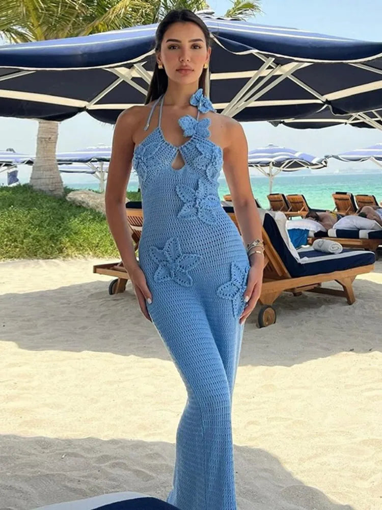 See Through Crochet Knit Maxi Dress for Halter Sleeveless Backless Party Long Dress Beachwear New