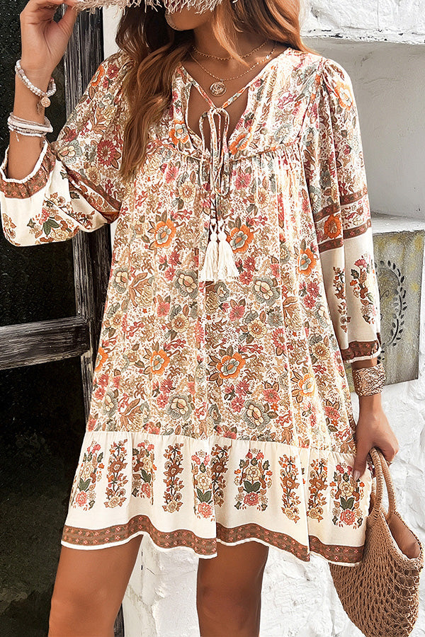 Style Unique Printed V-neck Tie Loose Mini Dress