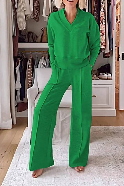 Weather Gets Cold Color V-neck Top and Elastic Waist Pocketed Lounge Pants Set