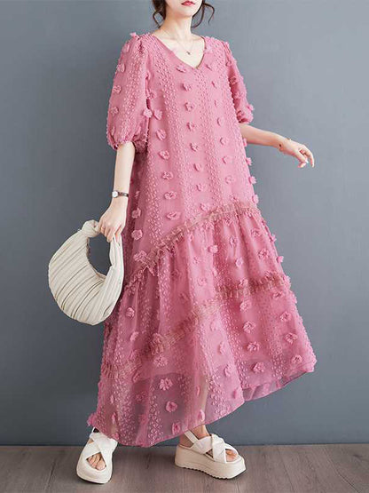 A-line Half Sleeves Elasticity Jacquard Color Split-joint V-neck Midi Dresses
