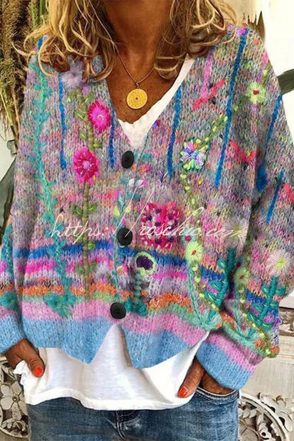 Fun and Long Sleeved Cardigan With Fun Printed Buttons