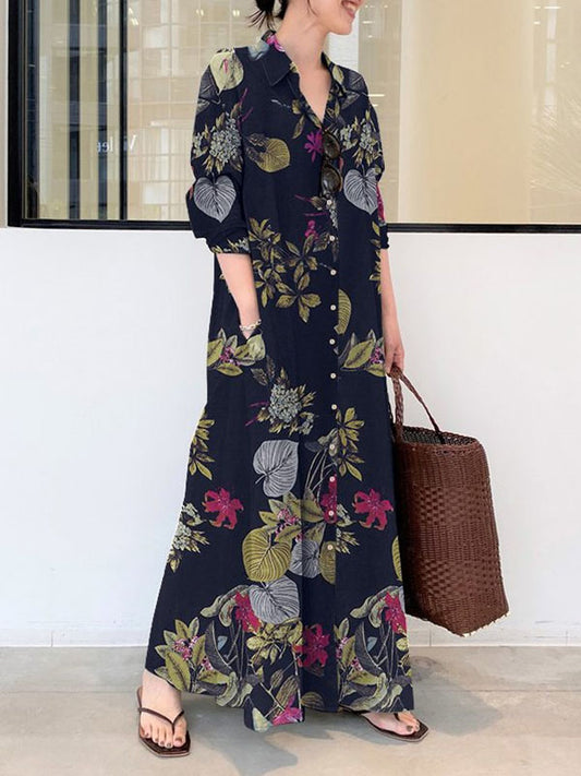 Loose Printed Split-joint Lapel Maxi Dresses Shirt Dress