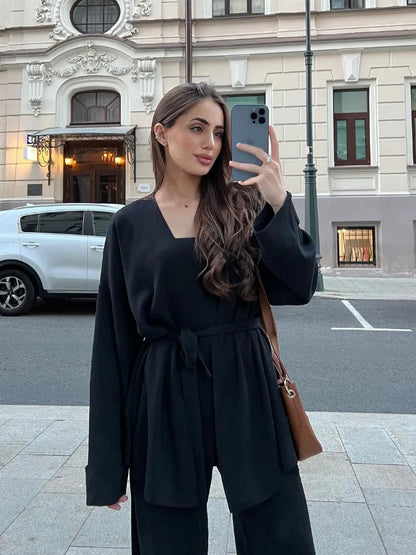 Autumn Knit 3 Piece-set for Outfits Lace-up Vest Outwear Wide Leg Trousers Outfits Pleated Sets