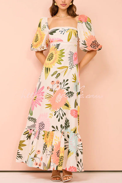 Looking for Sunshine Print Square Neck Bubble Sleeve Maxi Dress
