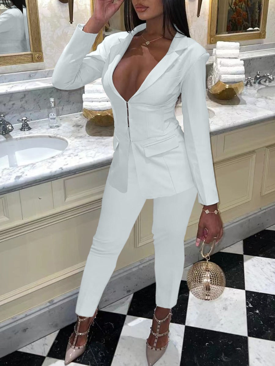 V Neck Pocket Design Blazer Pants Set Bo1156