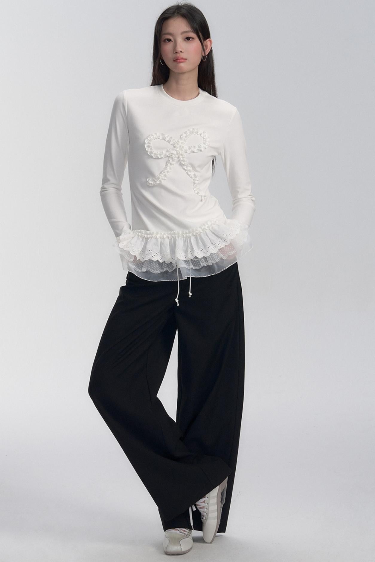 Ruffle Bow Lace Trim Sweater