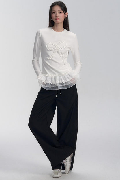 Ruffle Bow Lace Trim Sweater